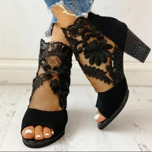 Lace Mesh Sandals Ankle Boots Chunky Block Zipper Heel Ankle Bootie.